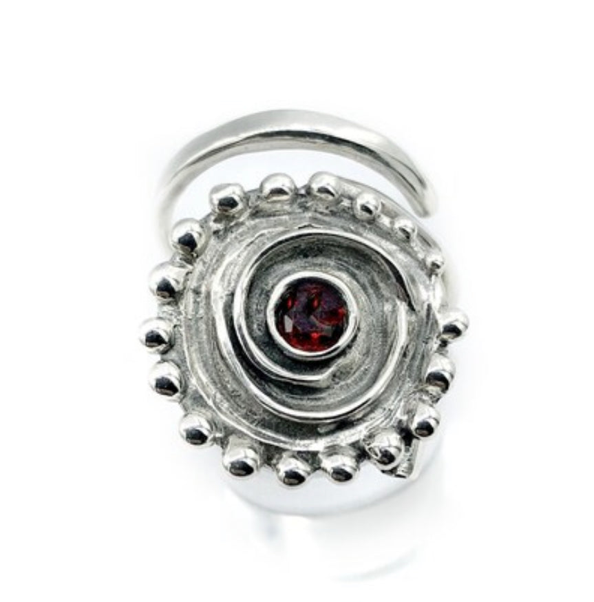 red garnet silver statement ring, silver swirl ring