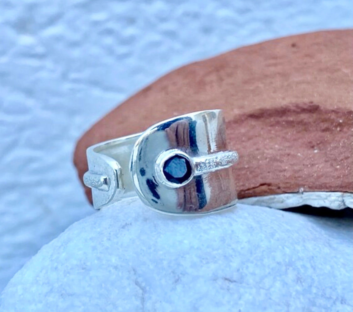 black gemstone silver ring adjustable