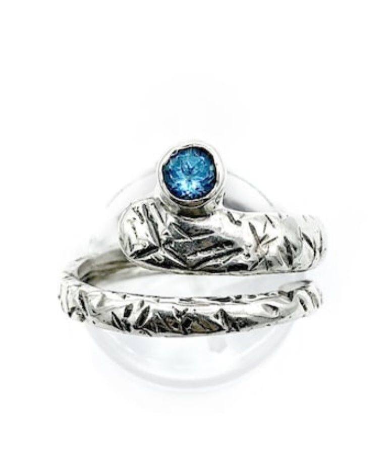 silver spiral ring, blue topaz ring