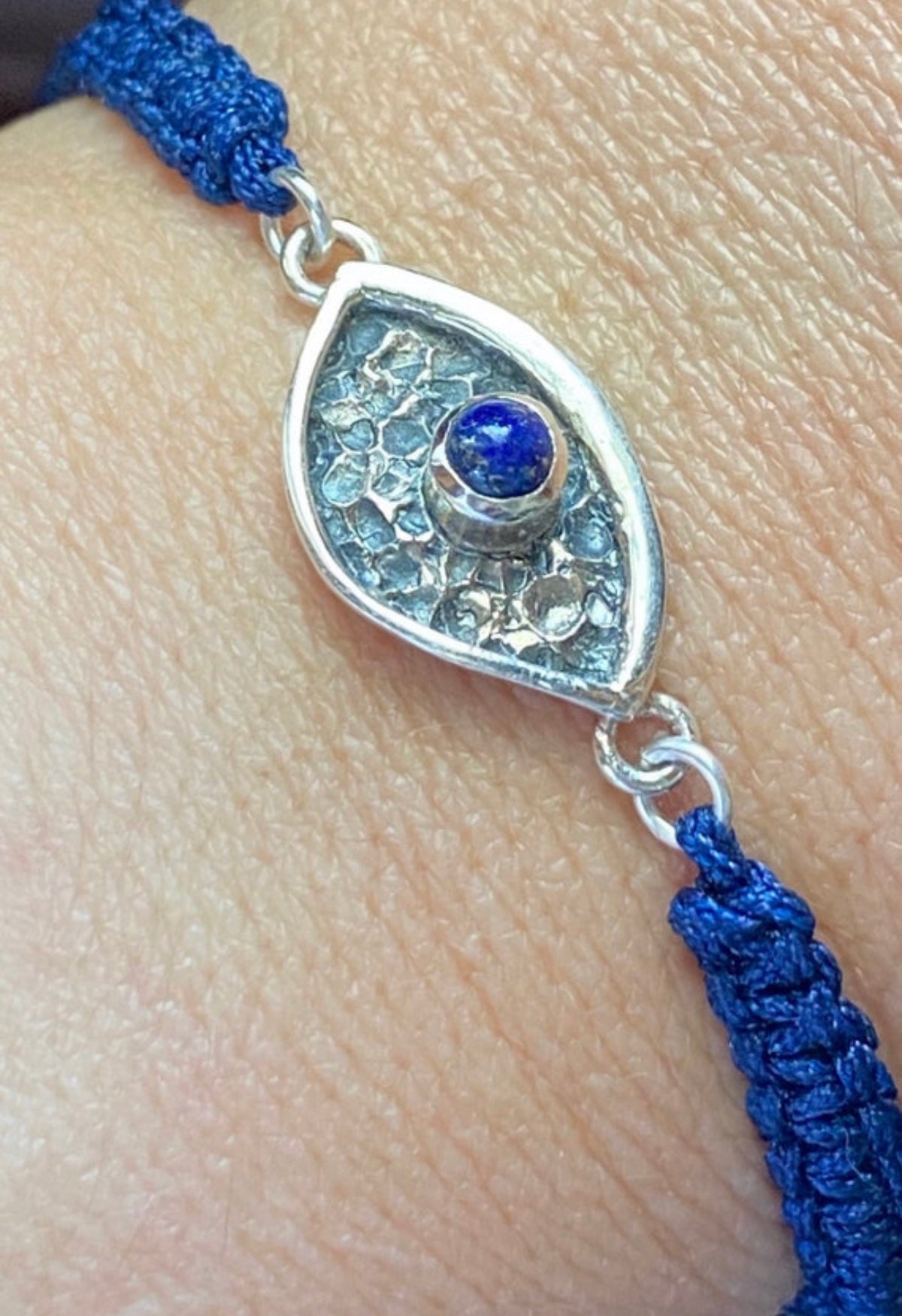 Evil eye bracelet with blue stone blue macrame