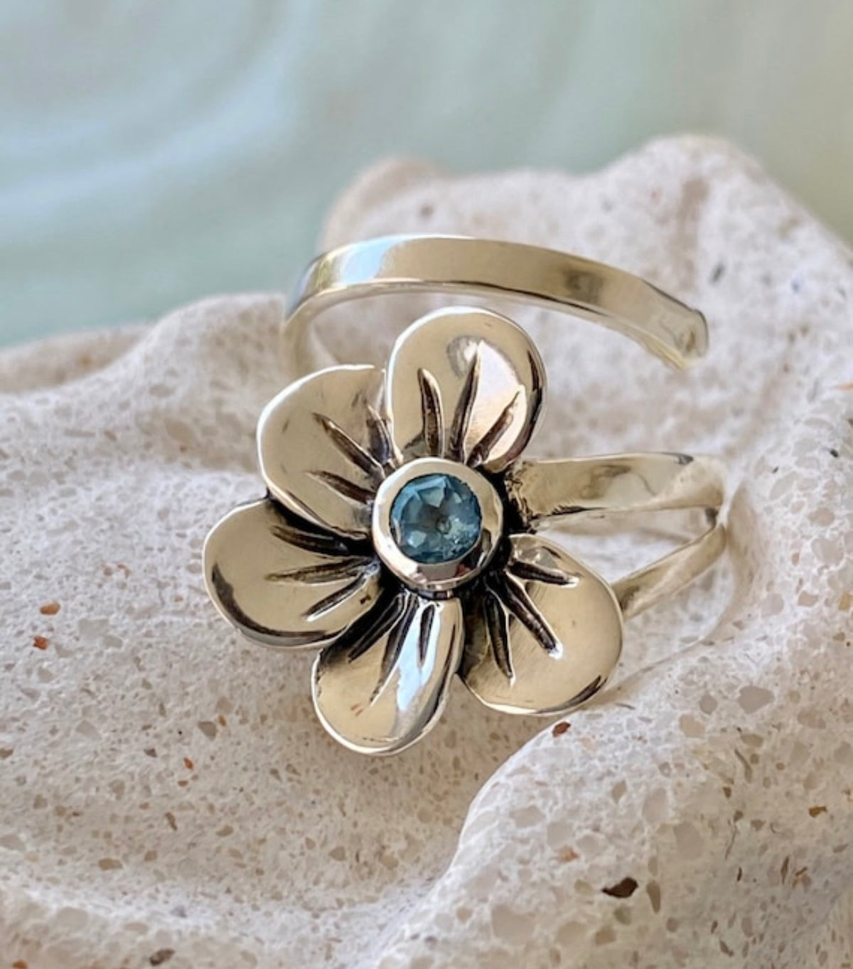 flower ring, silver flower ring, topaz ring