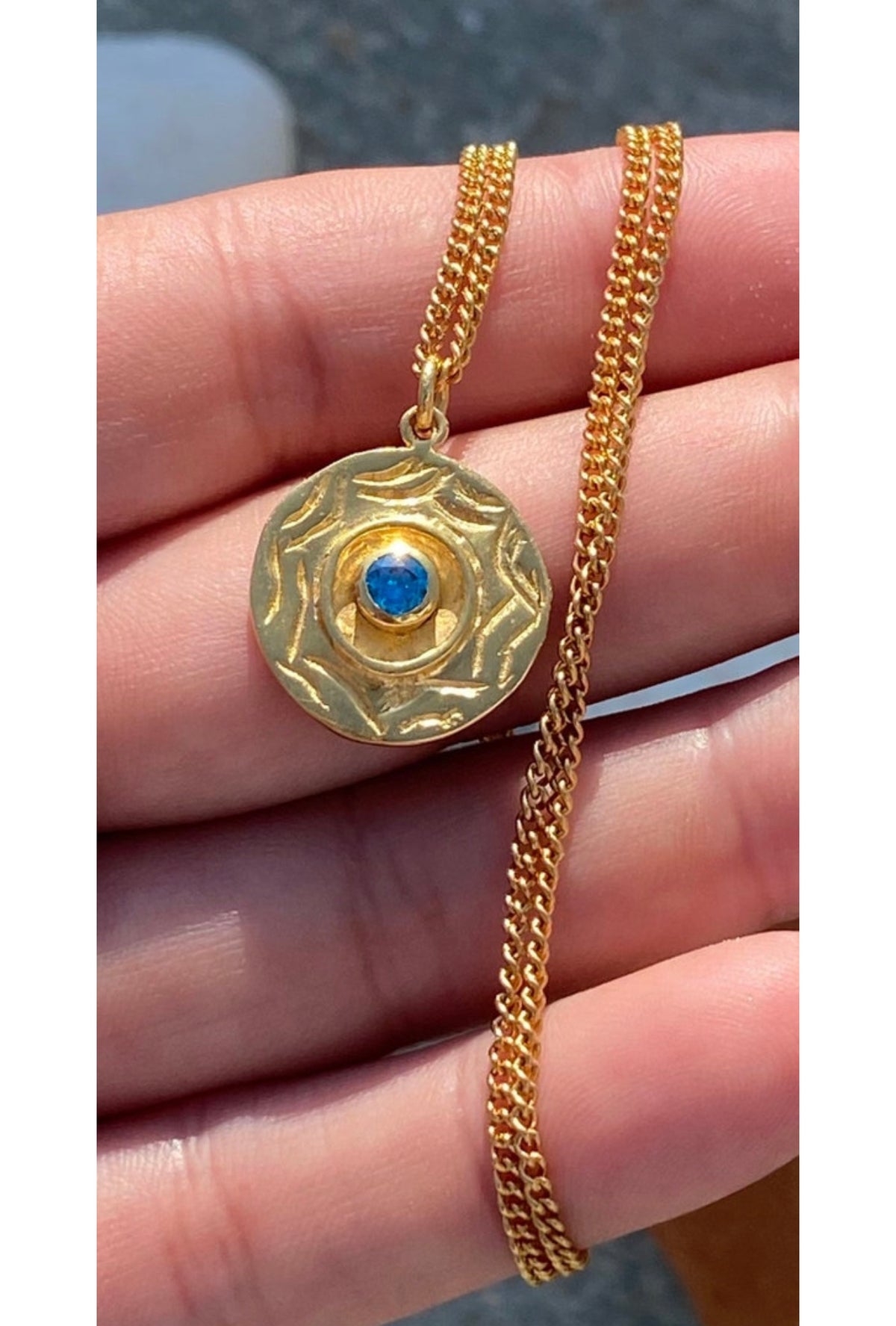 Evil eye necklace gold coin with blue gemstone