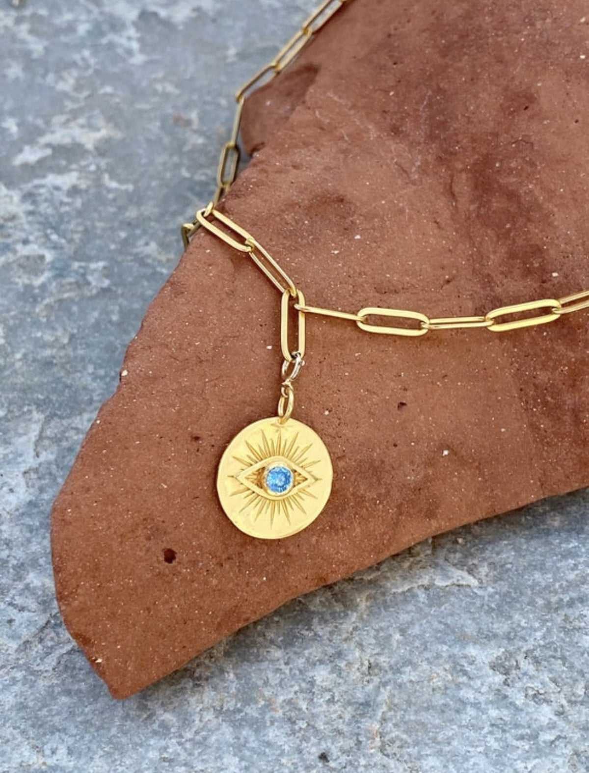 Evil eye necklace gold with stainless steel paperclip chain