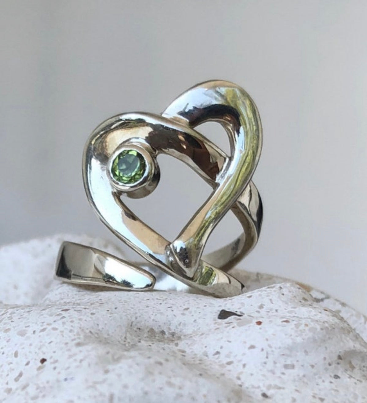 heart ring silver with a peridot gemstone