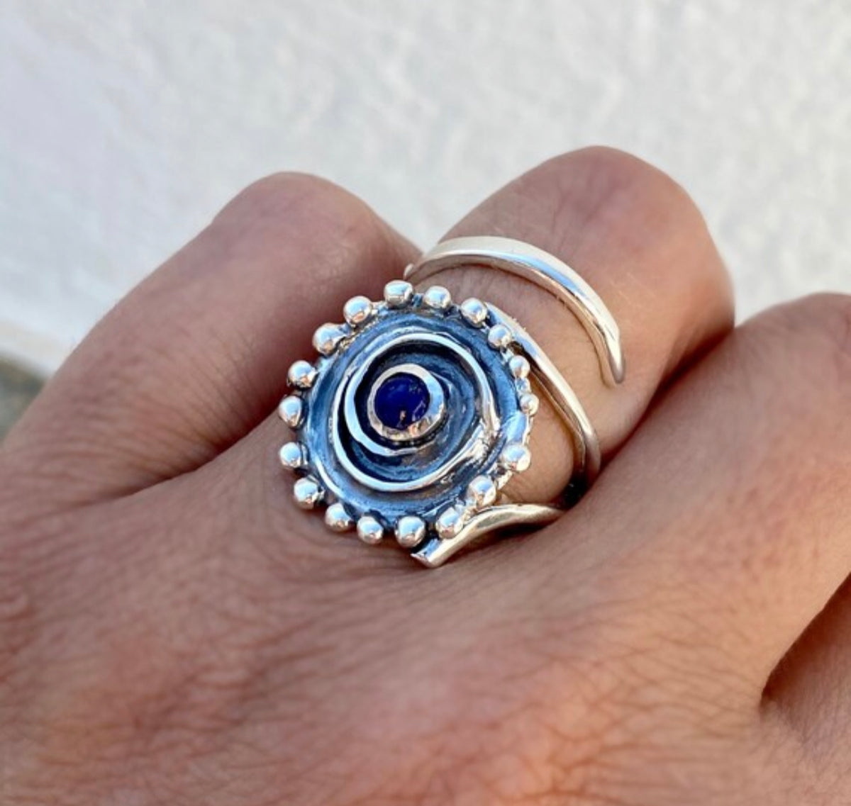 handmade silver ring swirl ring with blue lapis lazuli