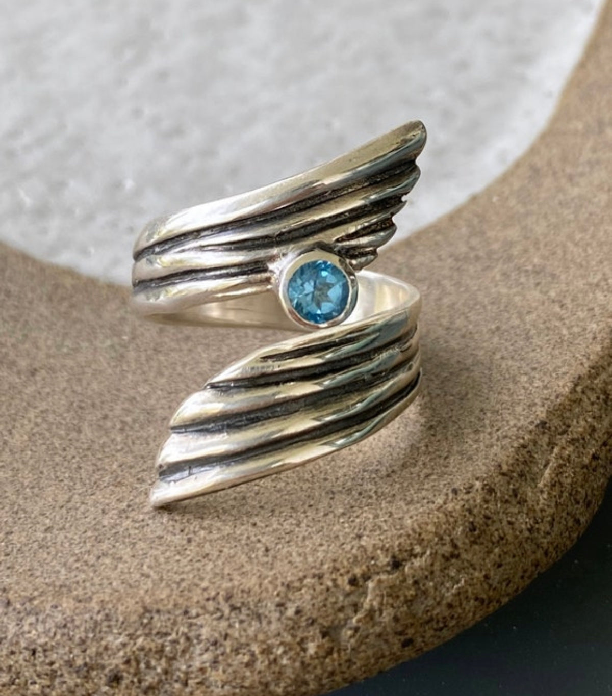 large blue topaz silver wrap ring handmade wing ring