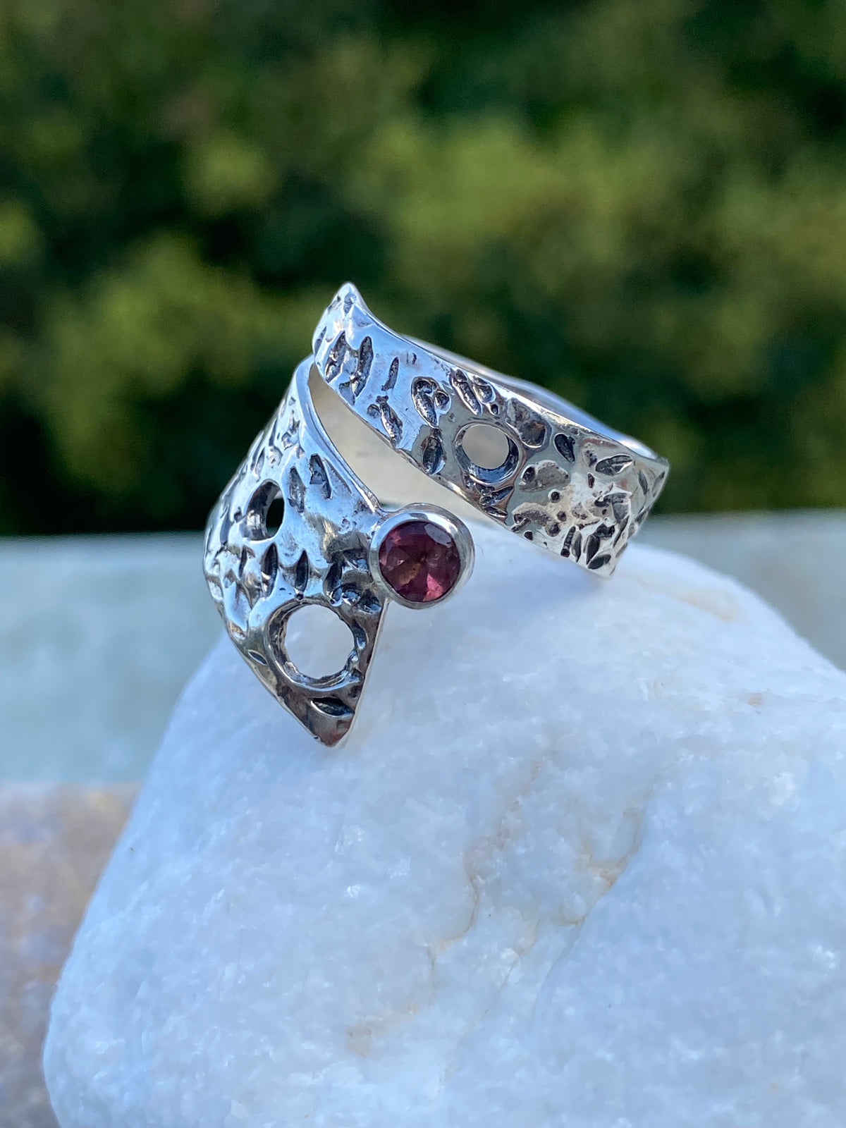 wide silver ring adjustable pink tourmaline