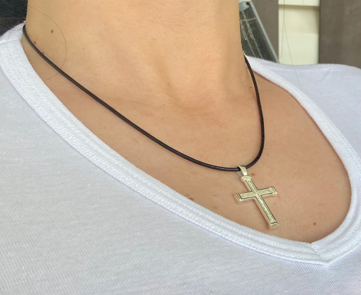 Men&#39;s cross necklace with leather cord, sterling silver cross