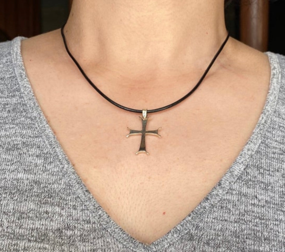 byzantine silver cross with black leather necklace