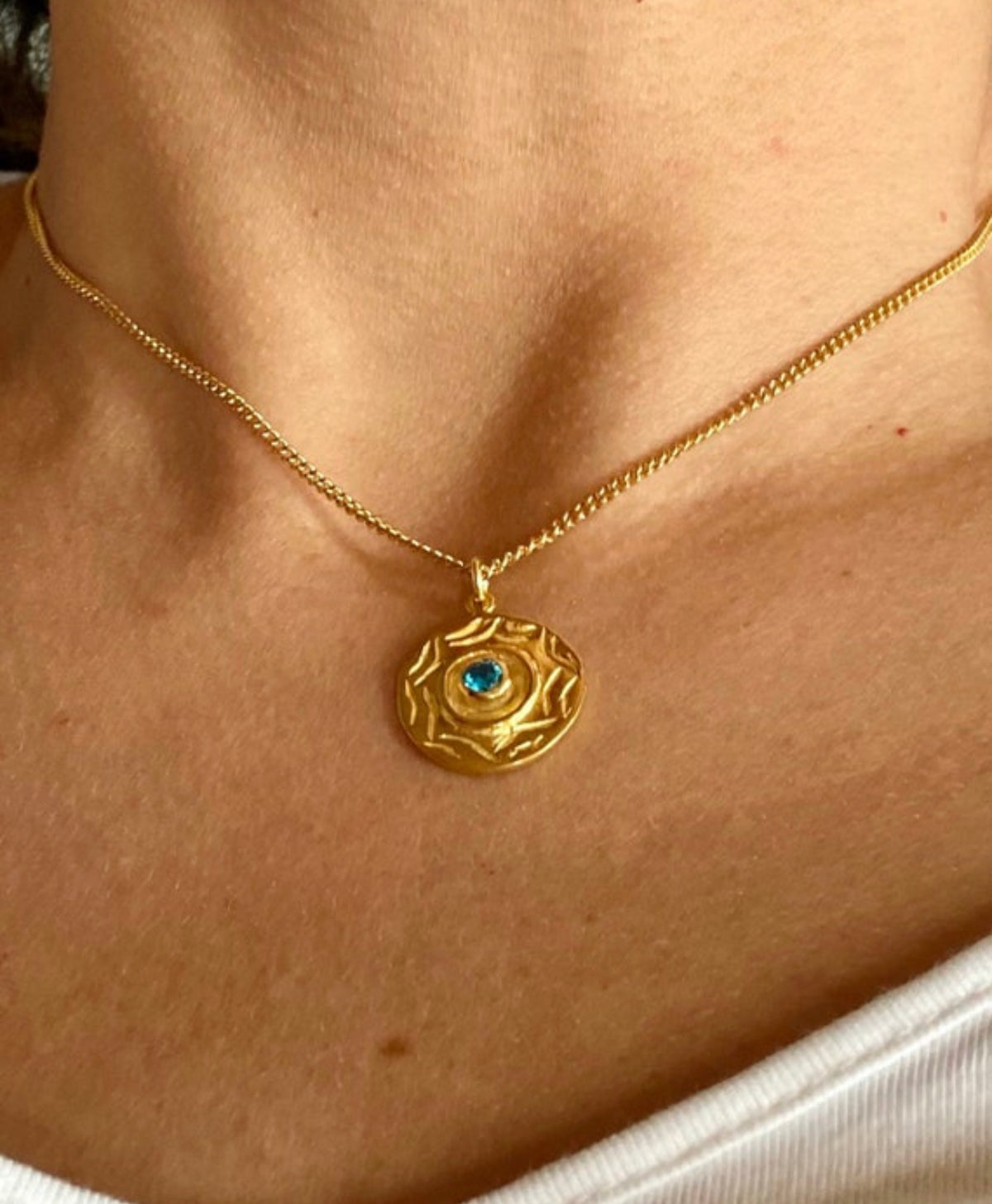 Evil eye necklace gold coin with blue gemstone