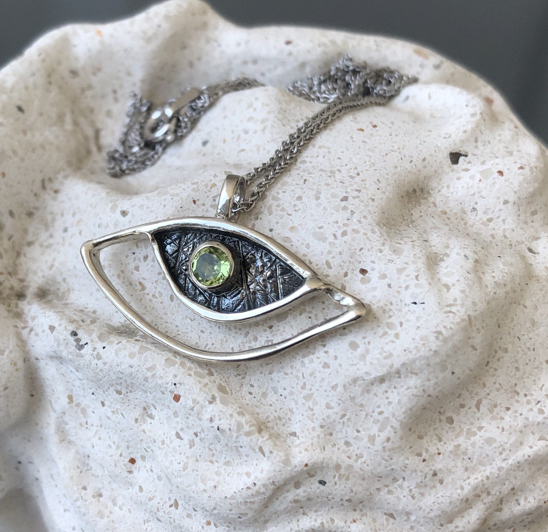 evil eye pendant, peridot pendant, silver eye pendant silver chain, eye jewelry 
