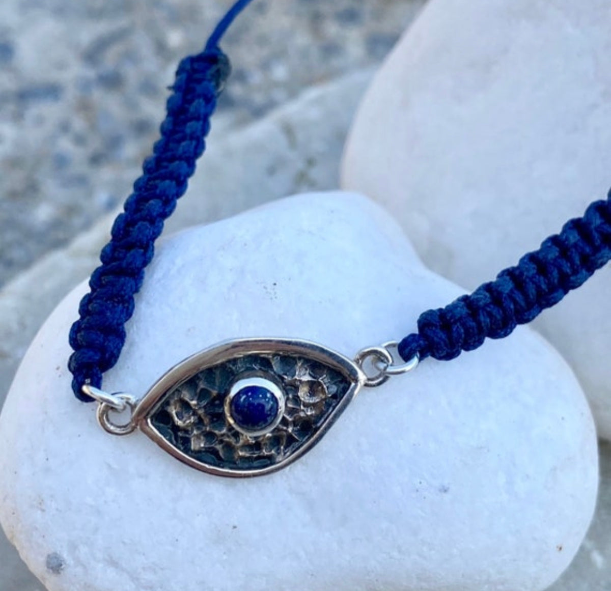 Evil eye bracelet with blue stone blue macrame