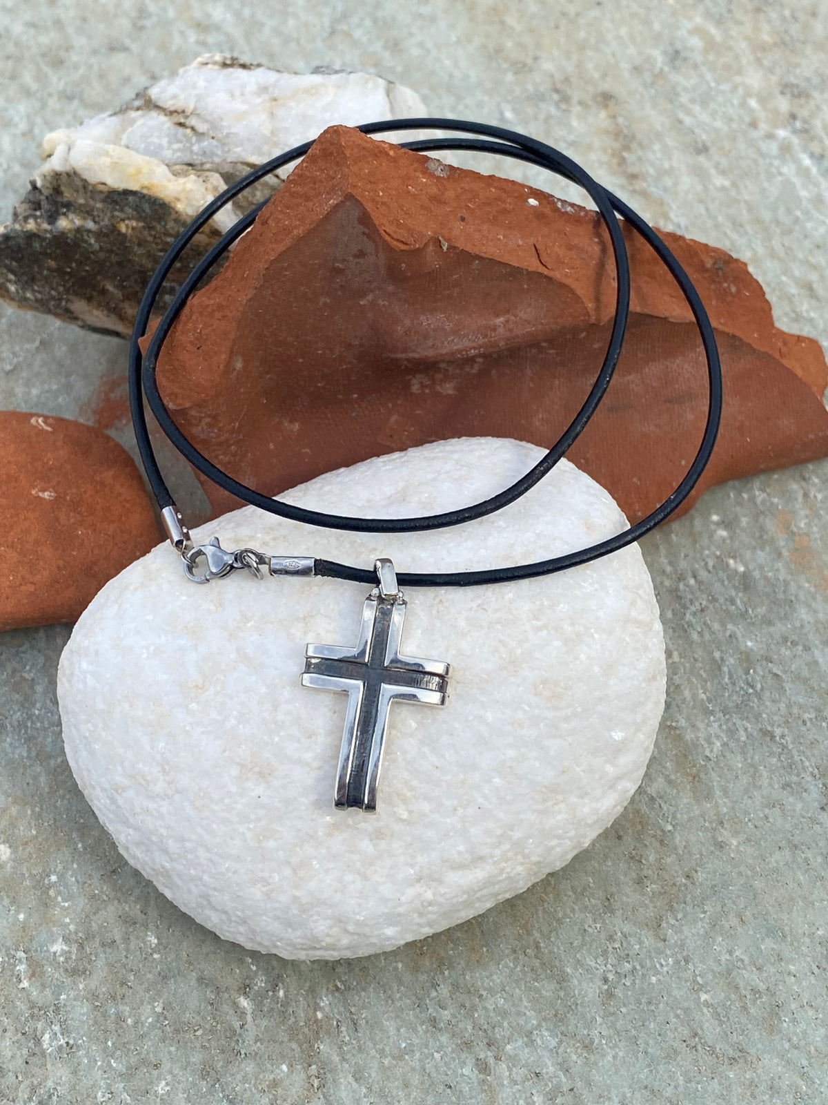 Men’s cross necklace, leather cord, black silver cross pendant