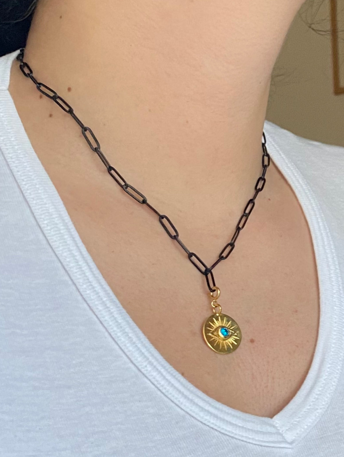 evil eye coin necklace with paperclip chain