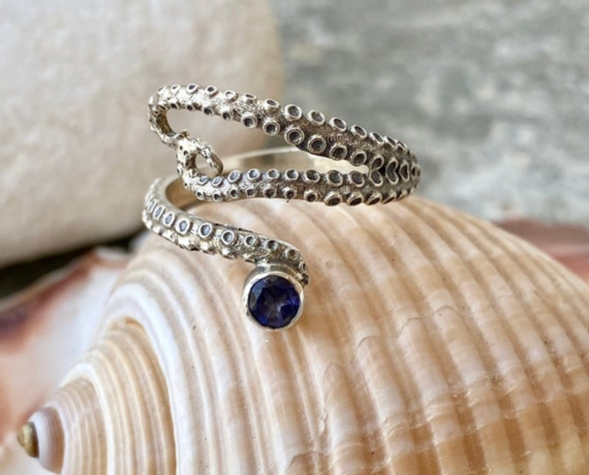 octopus ring iolite gemstone tentacle silver ring