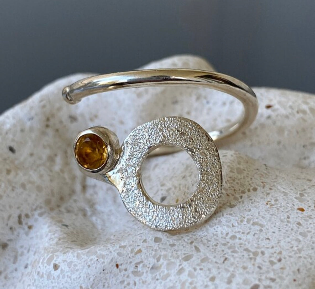 circle ring silver handmade open ring with a citrine gemstone
