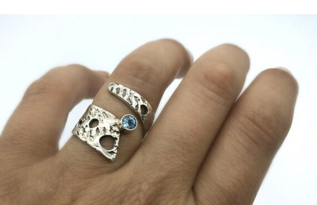 wide silver ring adjustable blue topaz