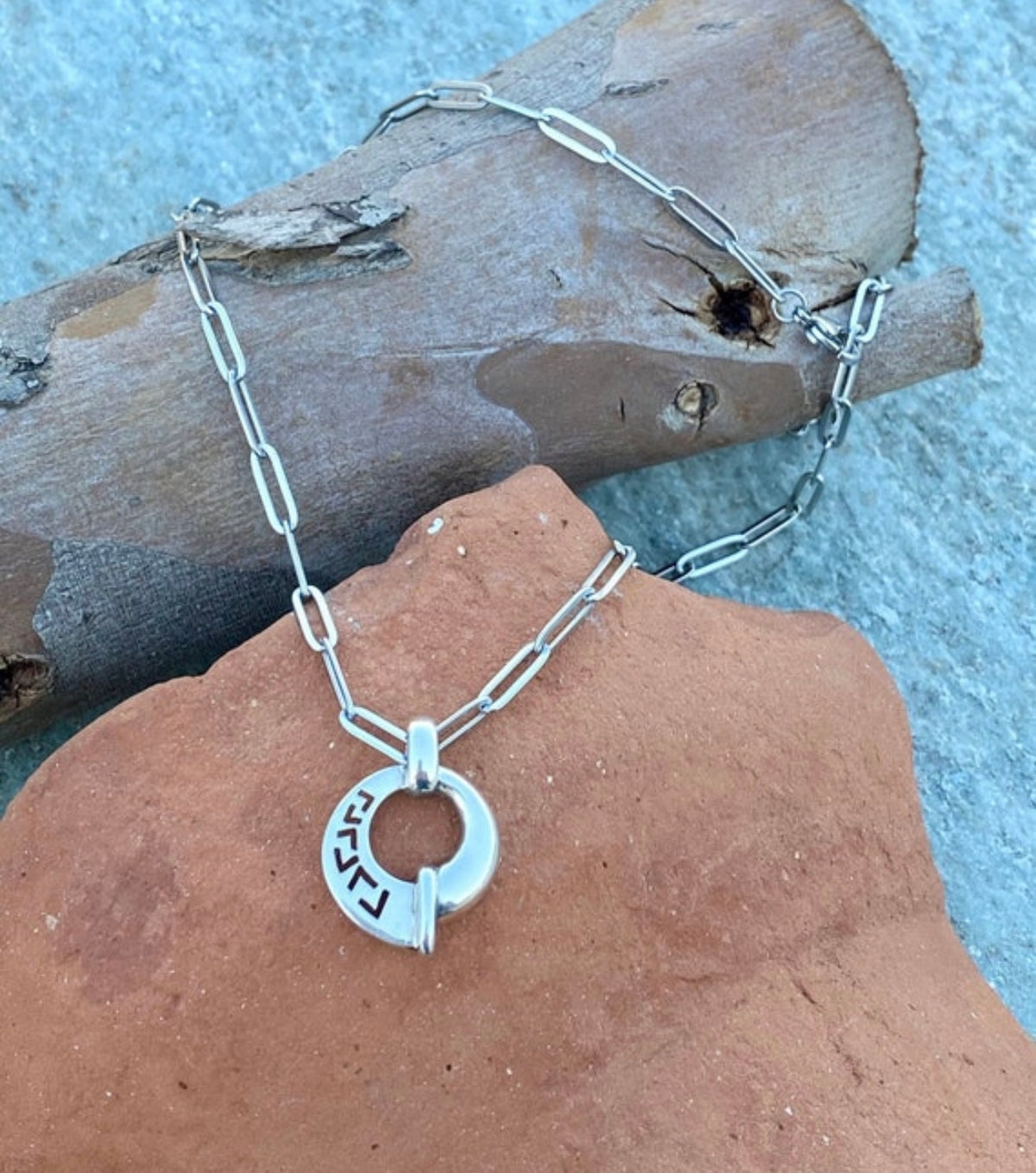 Greek key necklace circle shape with a stainless steel paperclip chain