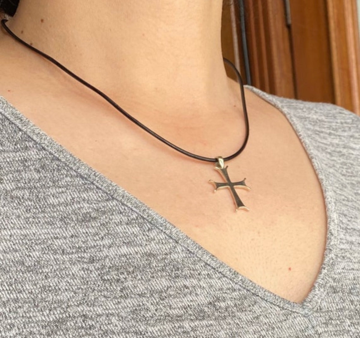 byzantine silver cross with black leather necklace