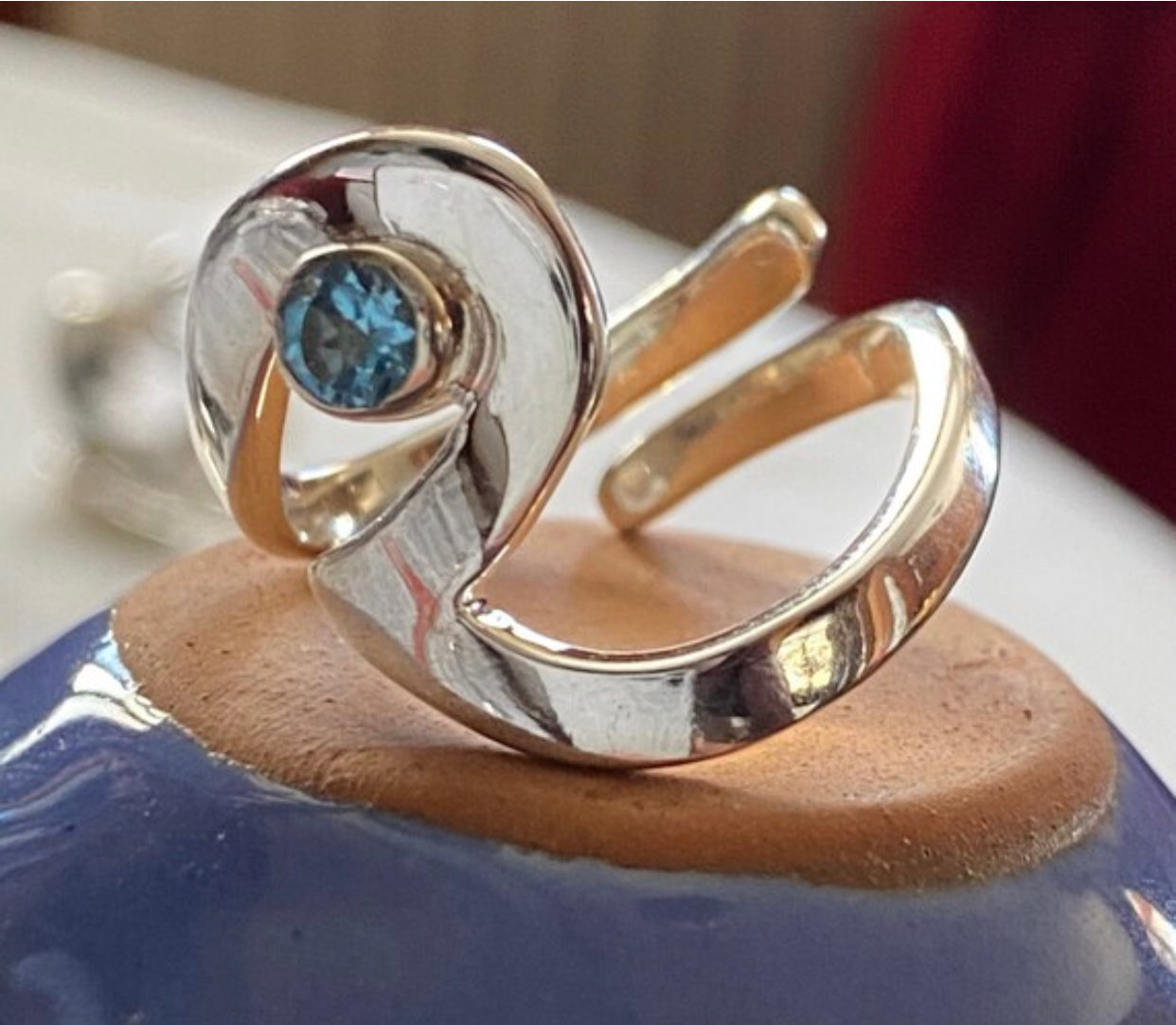 Ocean wave ring silver adjustable with blue gemstone Eleni Pantagis
