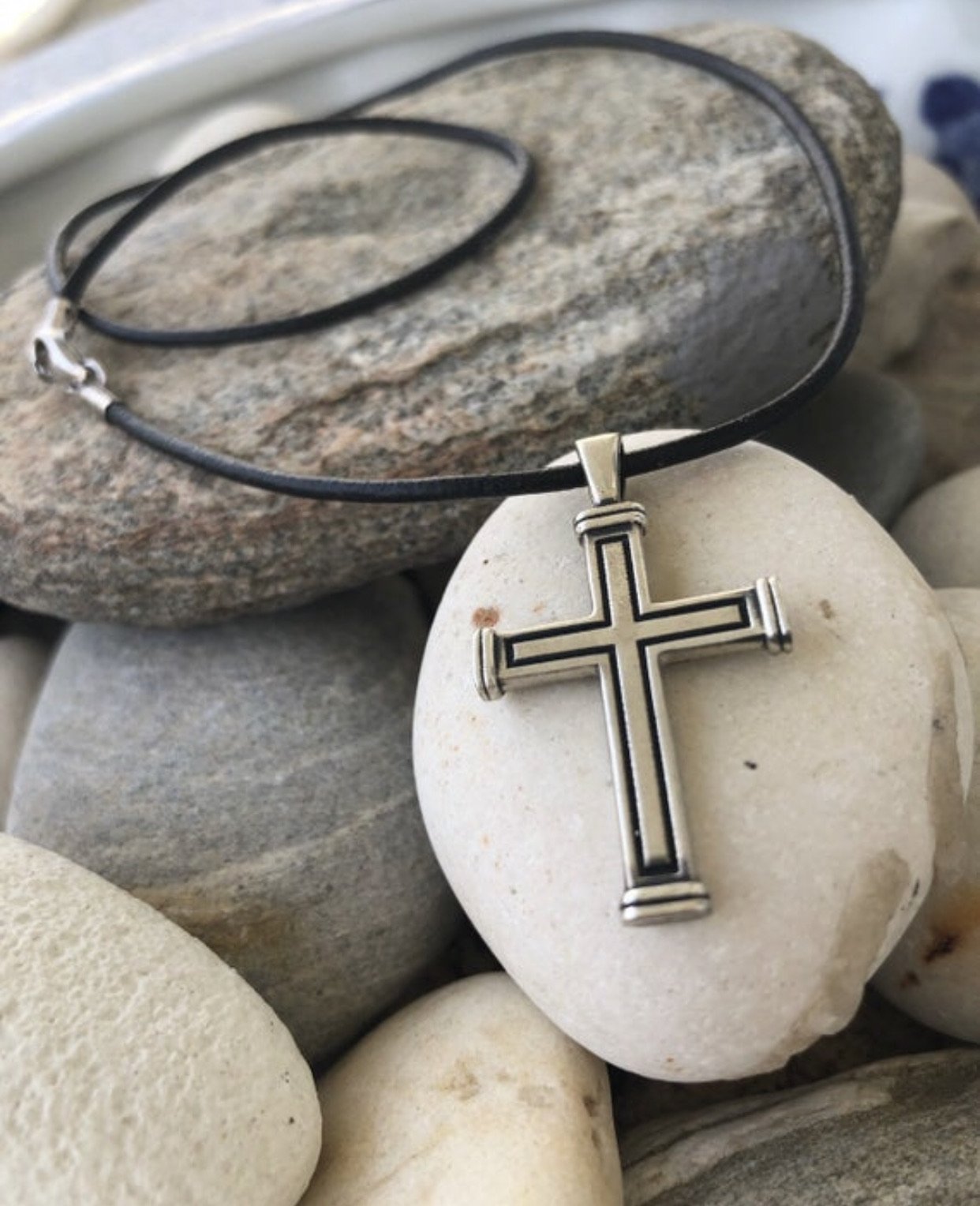 Men's cross necklace, cross leather cord, oxidized silver cross pendant 