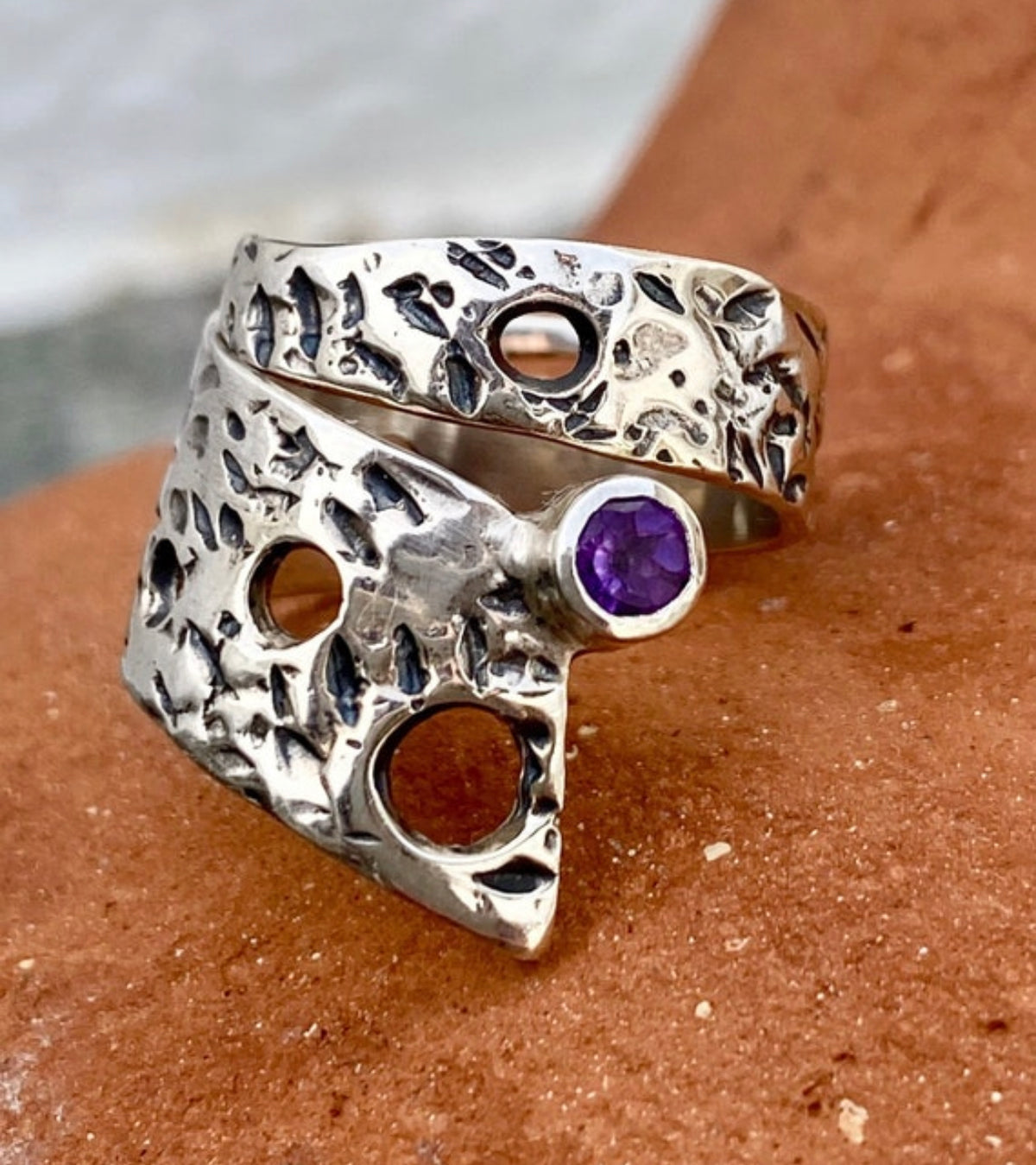 wide silver ring amethyst ring