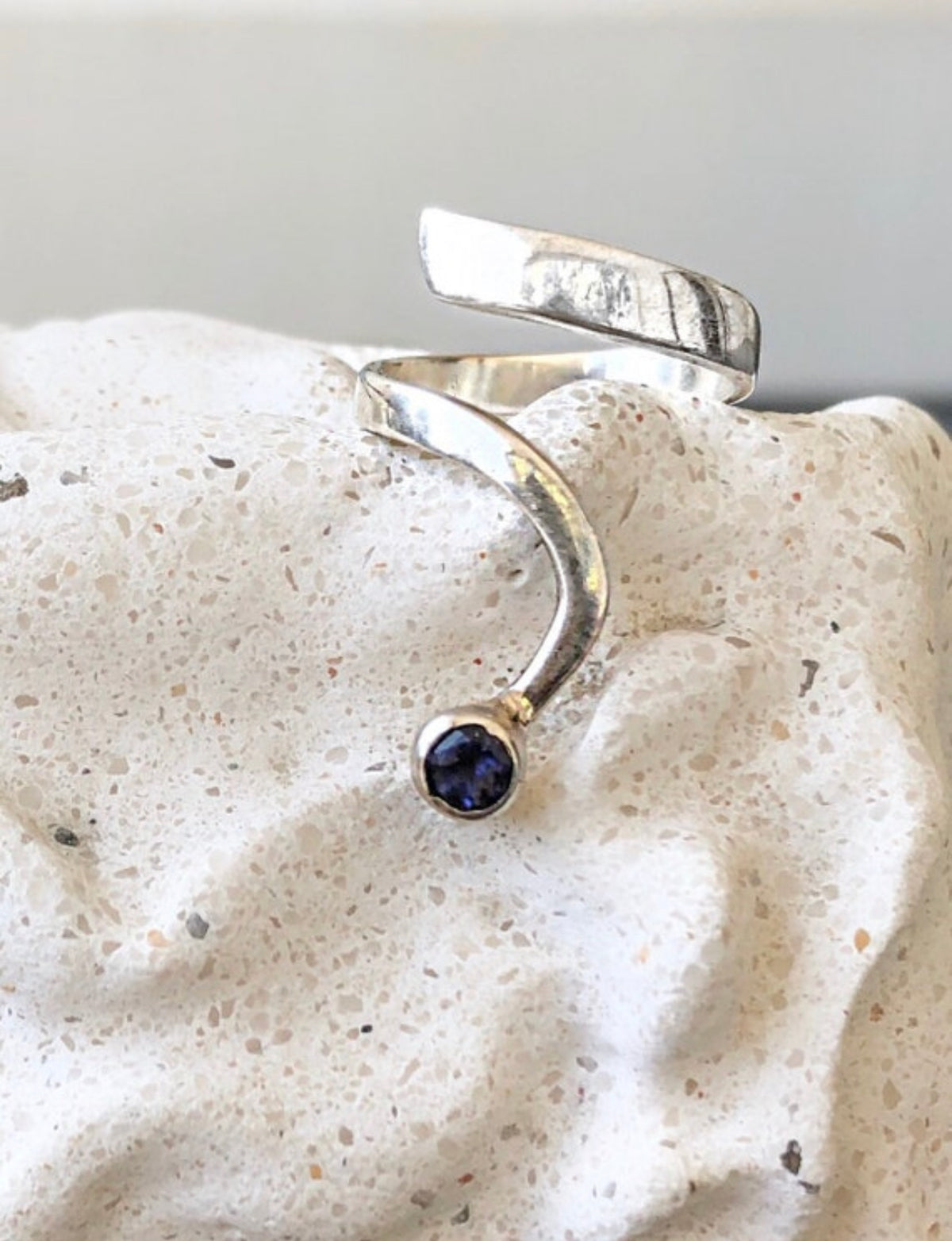 iolite ring silver open adjustable ring