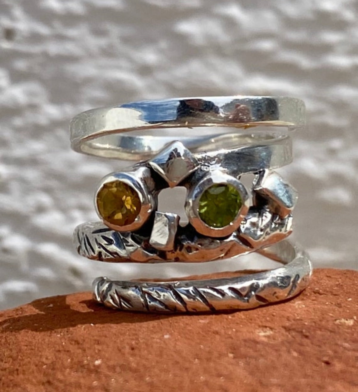 Silver spiral ring adjustable, spring ring with citrine and peridot