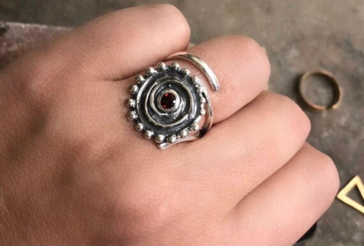 red garnet silver statement ring, silver swirl ring