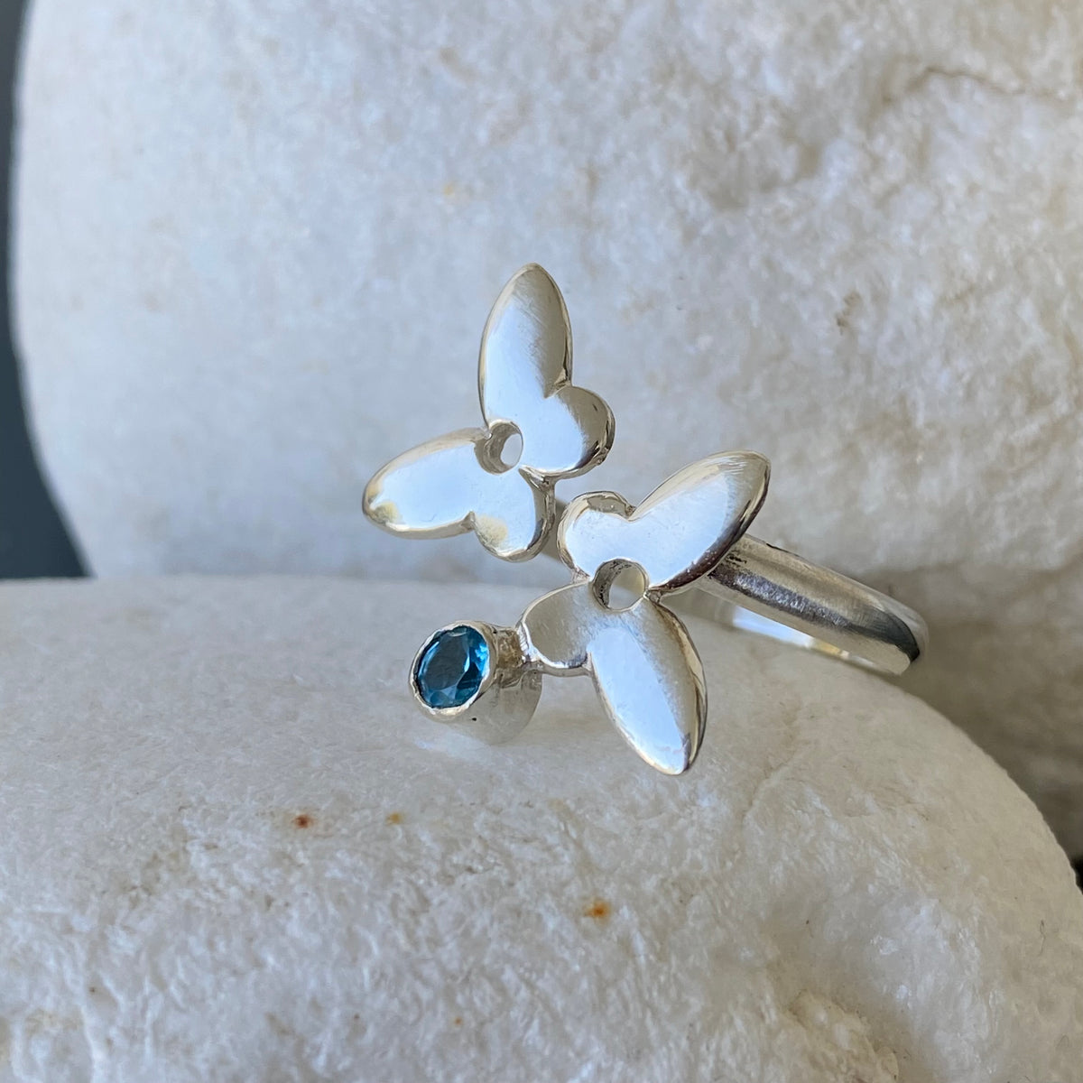 Silver Butterfly ring adjustable with blue gemstone