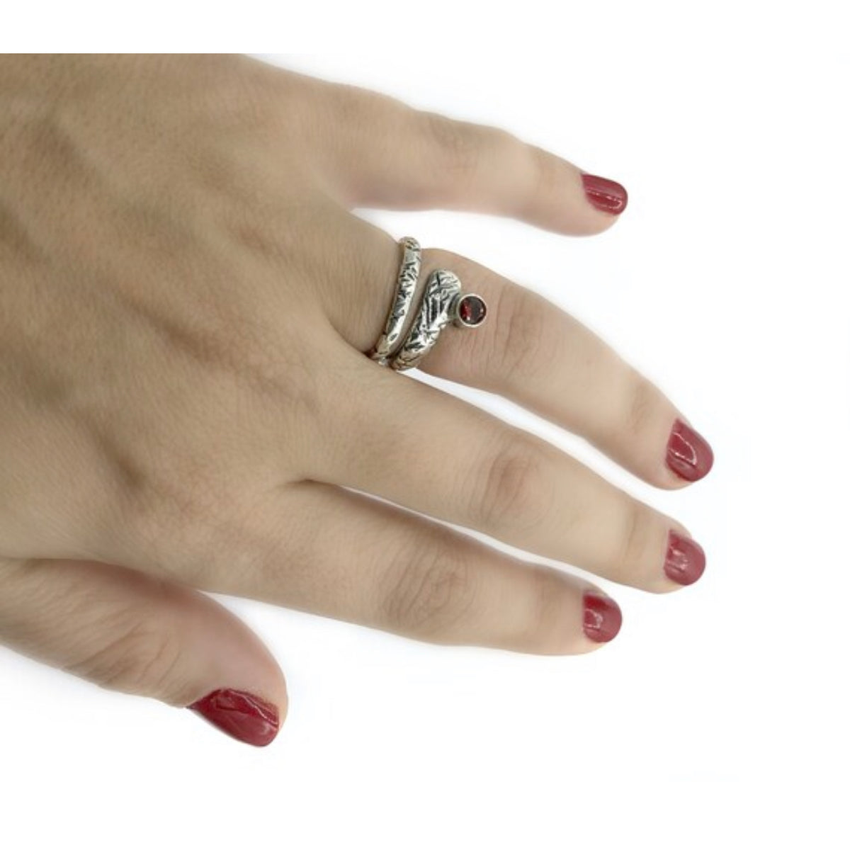 silver spiral ring, garnet ring, January birthstone ring