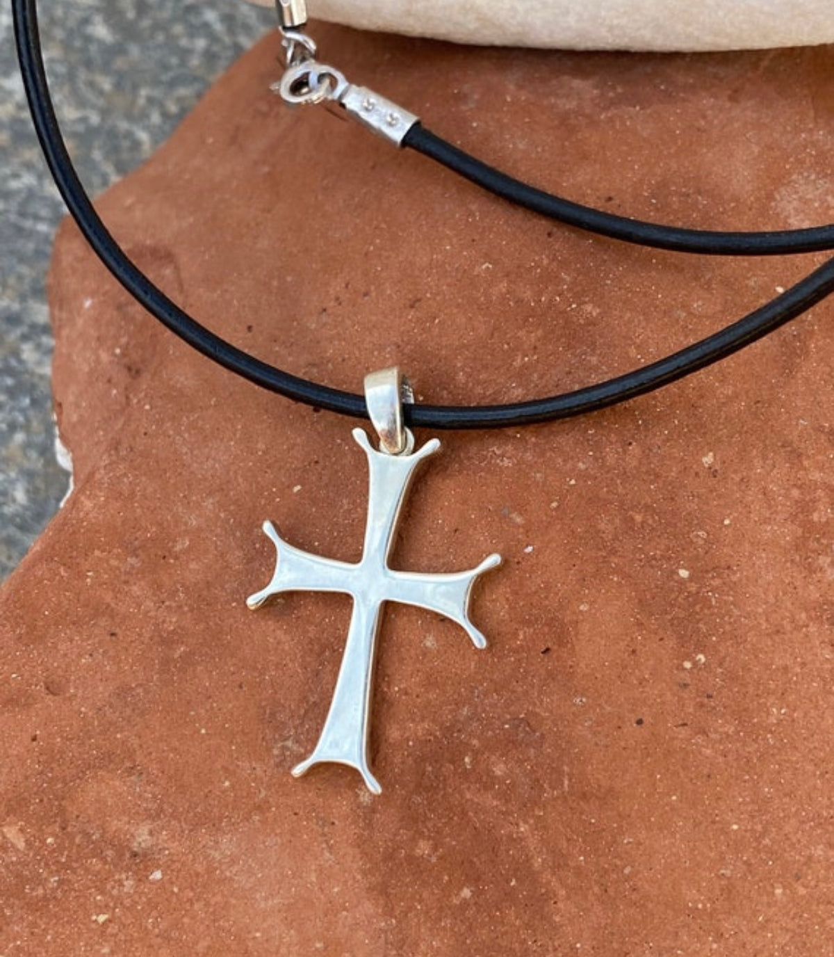 byzantine silver cross with black leather necklace