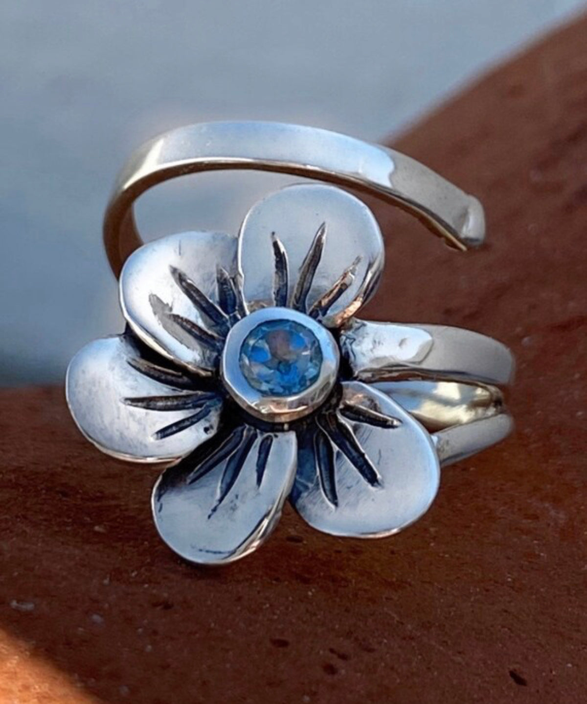 flower ring, silver flower ring, topaz ring