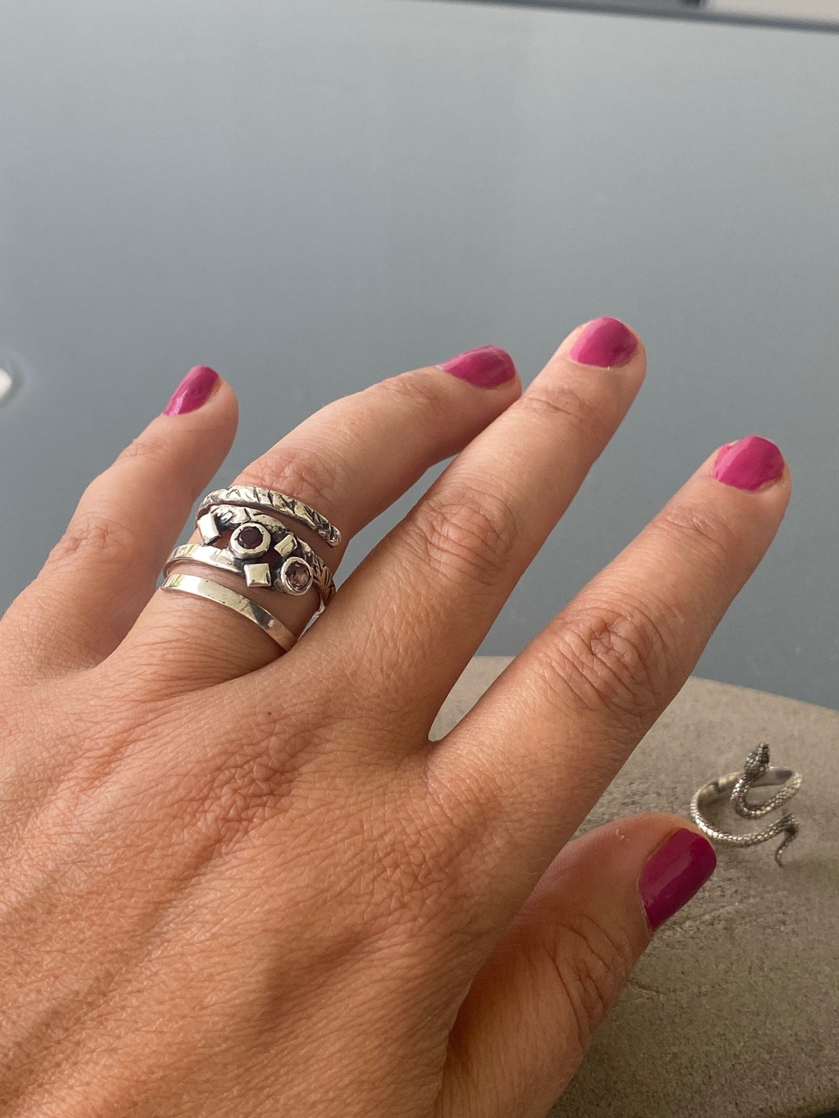 Silver spiral ring adjustable red garnet and pink tourmaline
