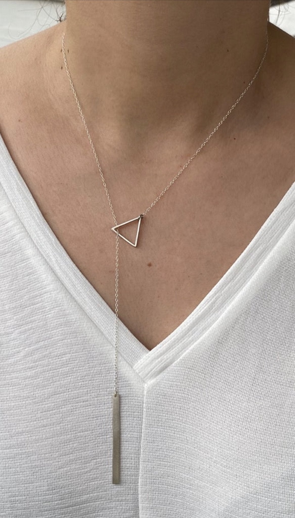 Triangle Lariat necklace silver triangle with rectangle 