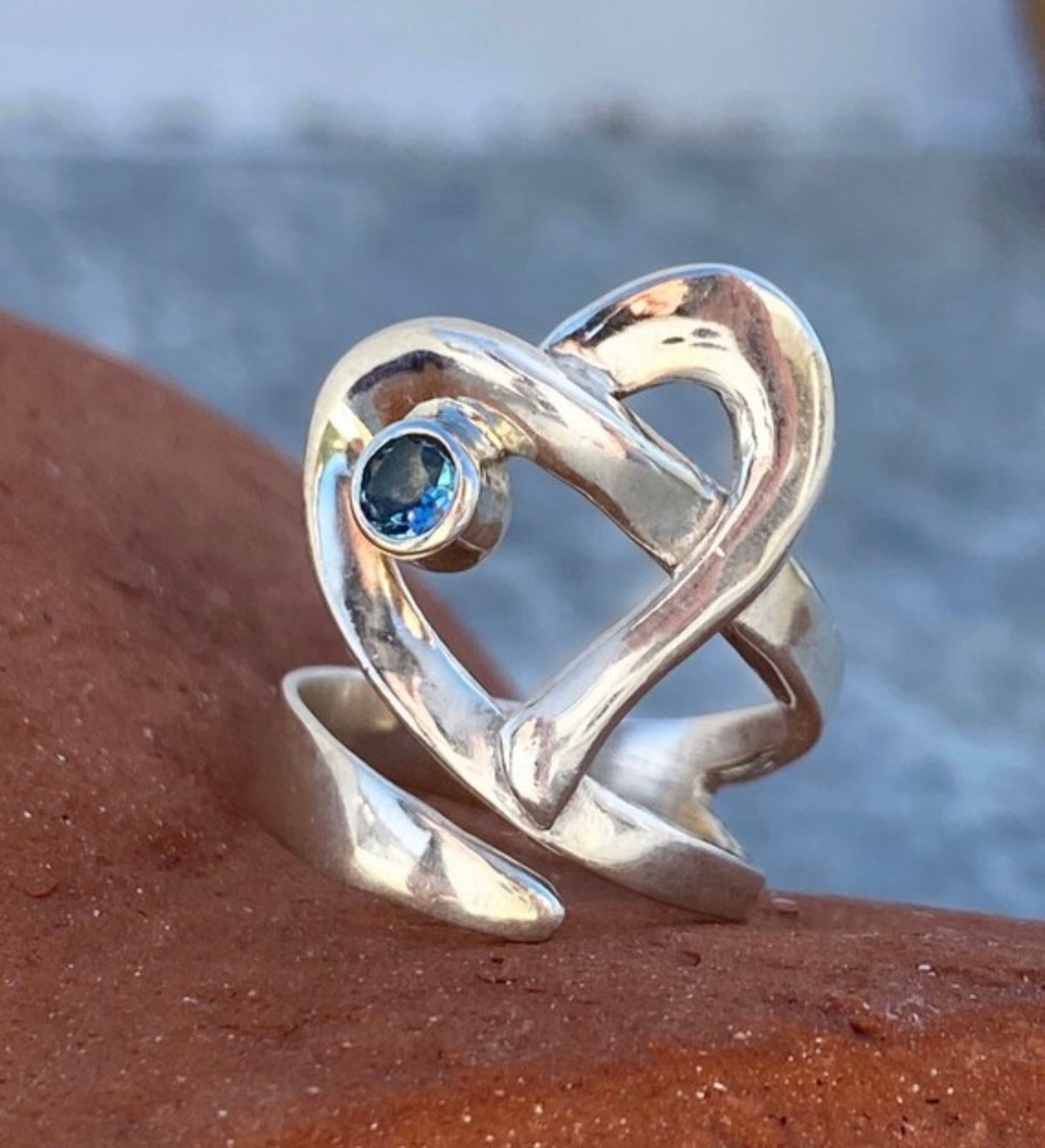 Heart ring silver adjustable with blue gemstone