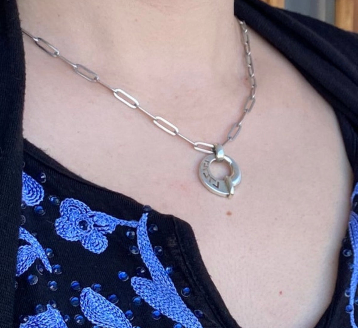 Greek key necklace circle shape with a stainless steel paperclip chain