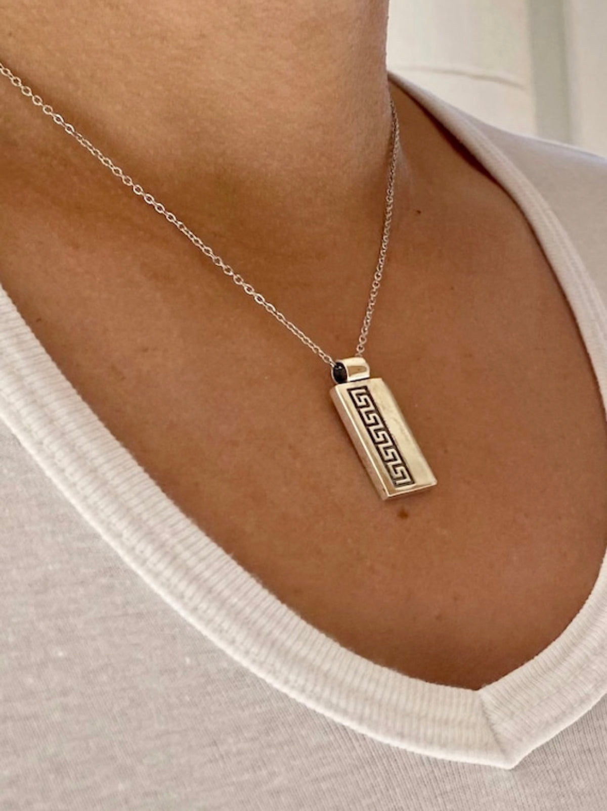 silver greek key necklace minimal