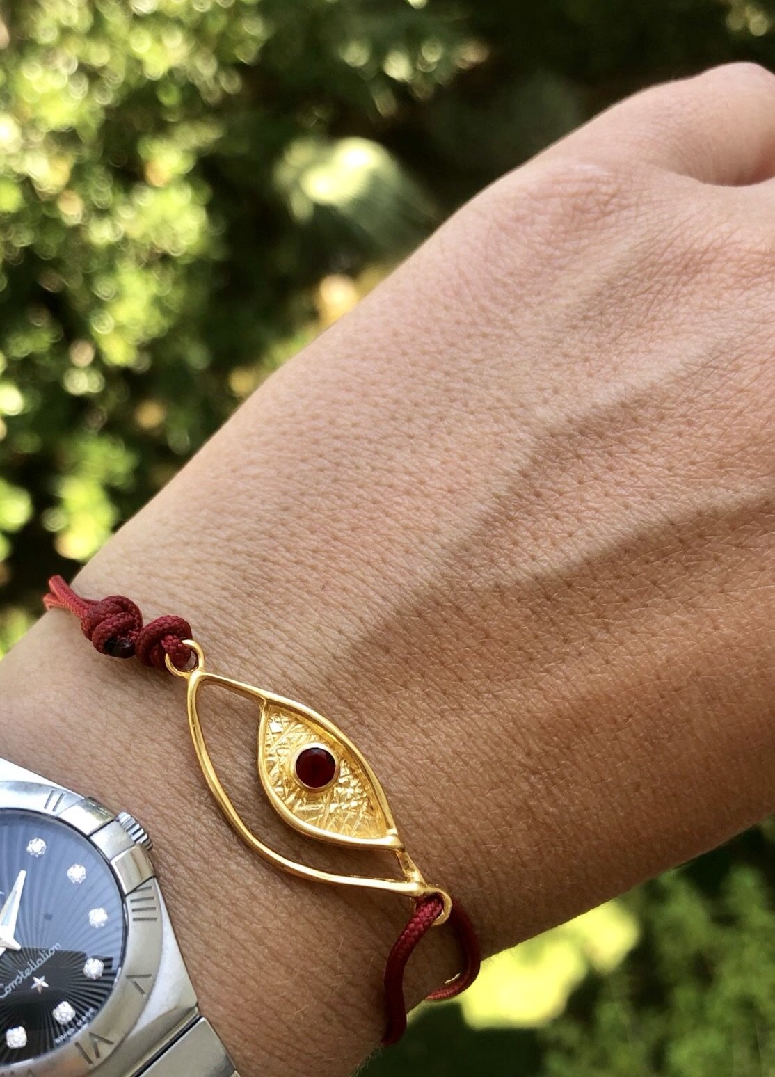 Evil eye bracelet red gold, garnet evil eye bracelet with red nylon cord 