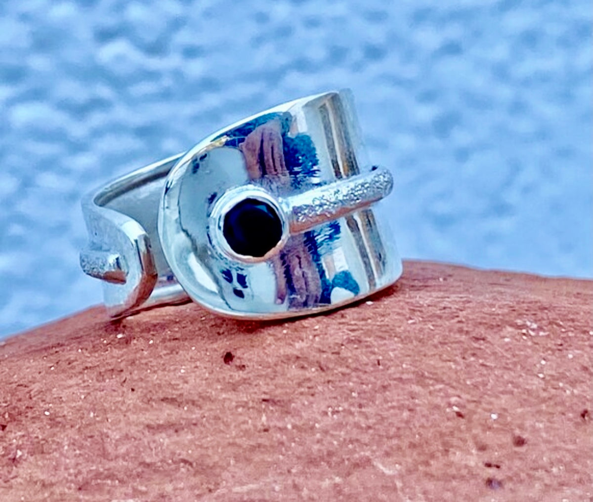 black gemstone silver ring adjustable