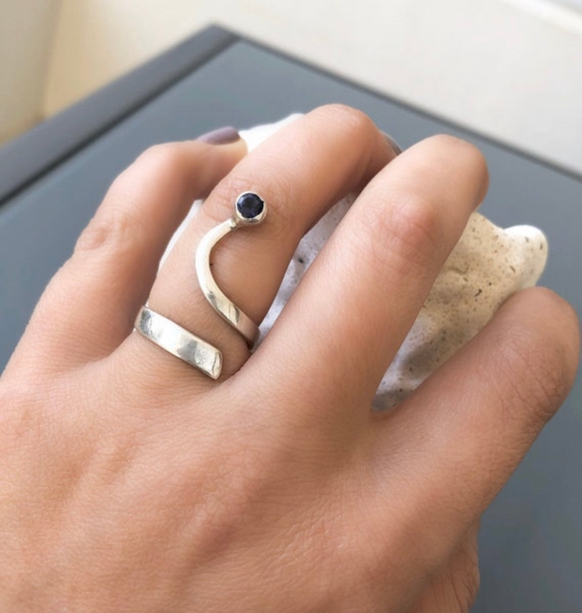 iolite ring silver open adjustable ring