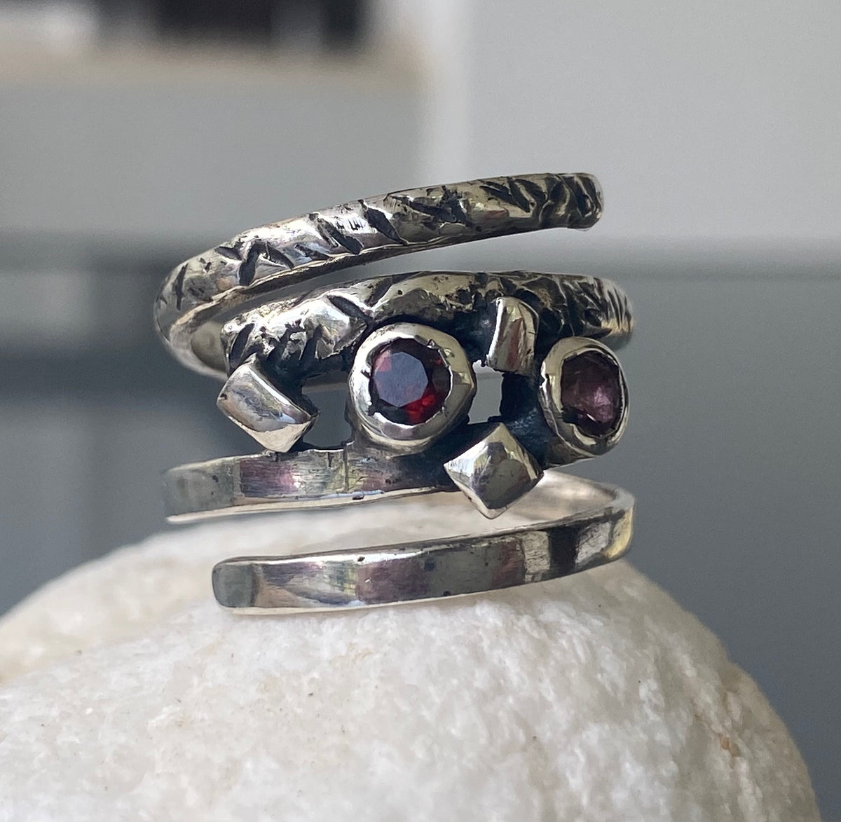 Silver spiral ring adjustable red garnet and pink tourmaline