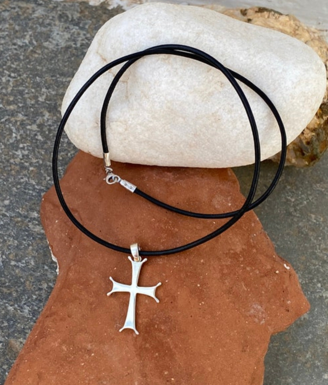 byzantine silver cross with black leather necklace