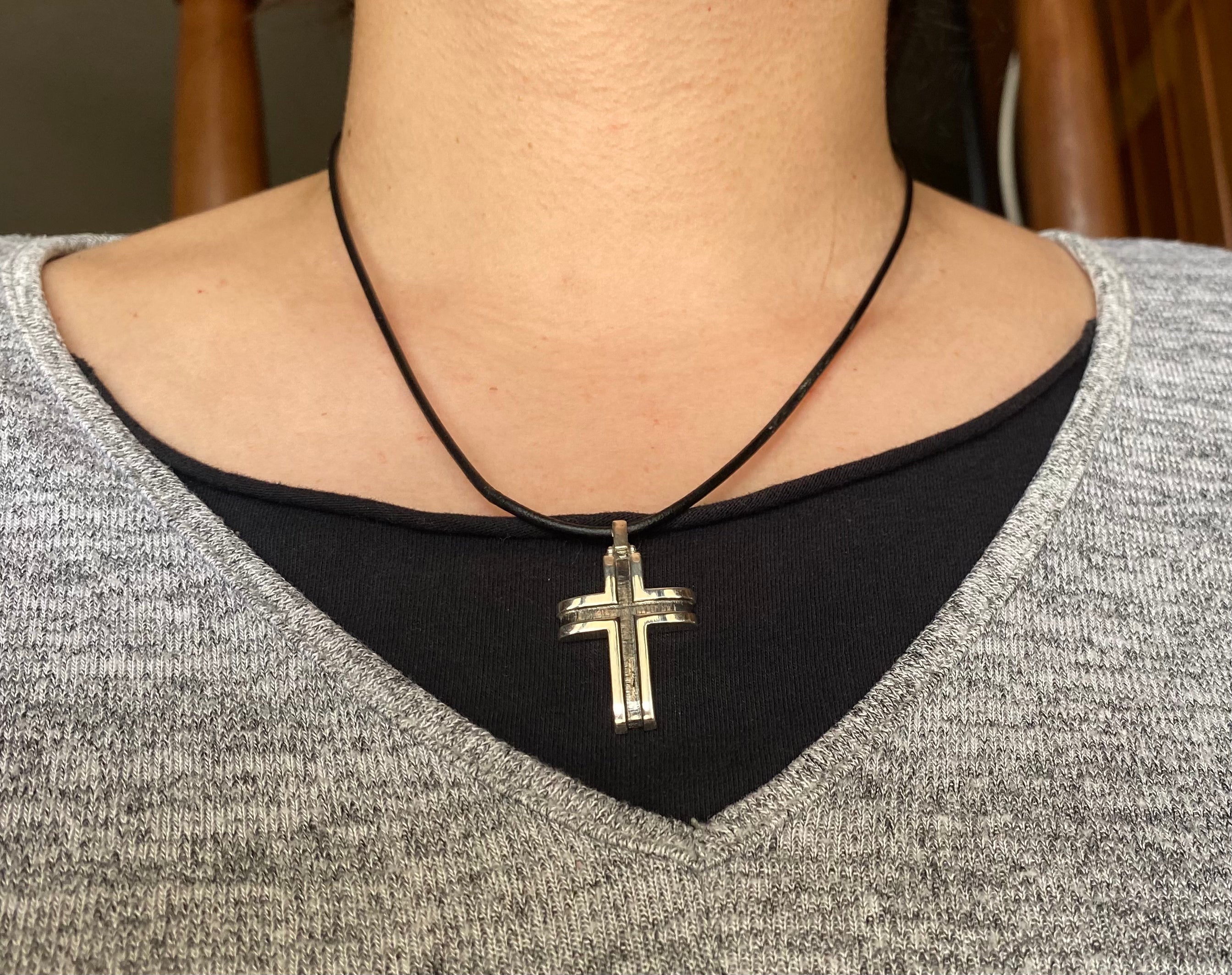 Men s silver cross leather cord oxidized silver cross pendant