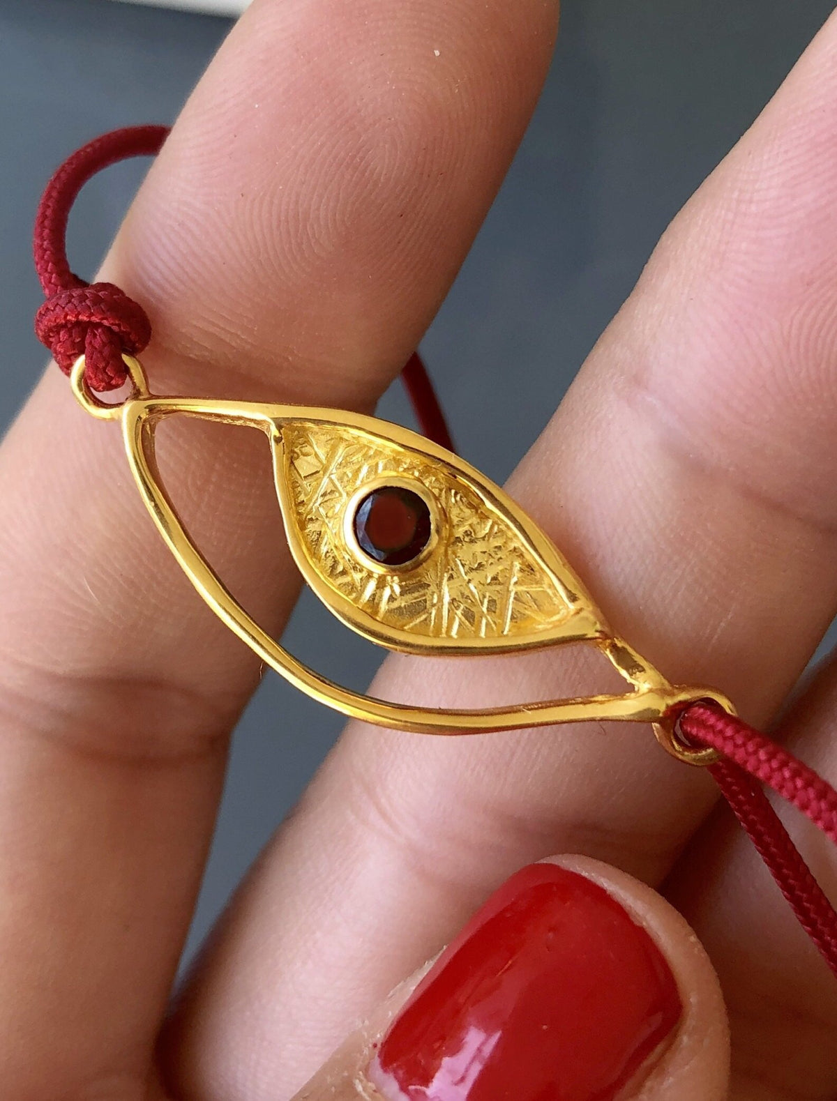 Evil eye bracelet red gold, garnet evil eye bracelet with red nylon cord 