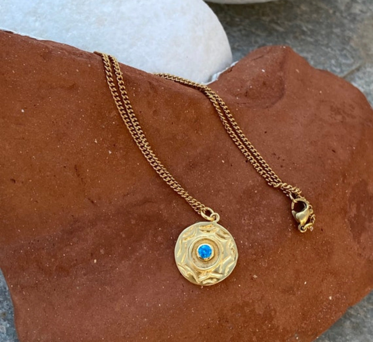 Evil eye necklace gold coin with blue gemstone