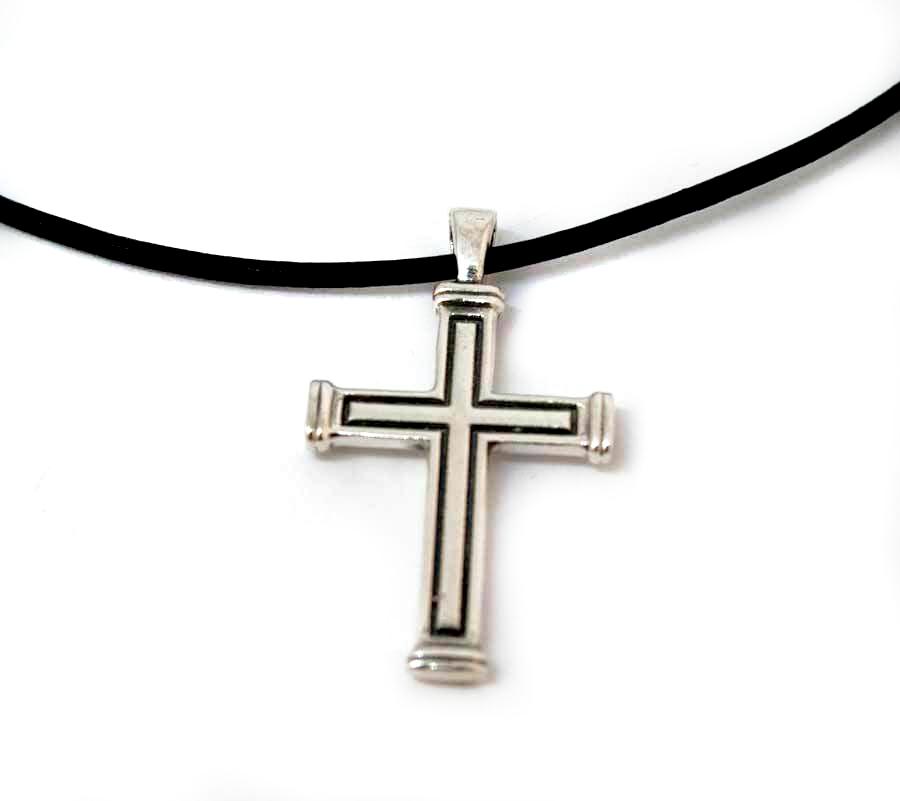 Men&#39;s cross necklace, cross leather cord, oxidized silver cross pendant 