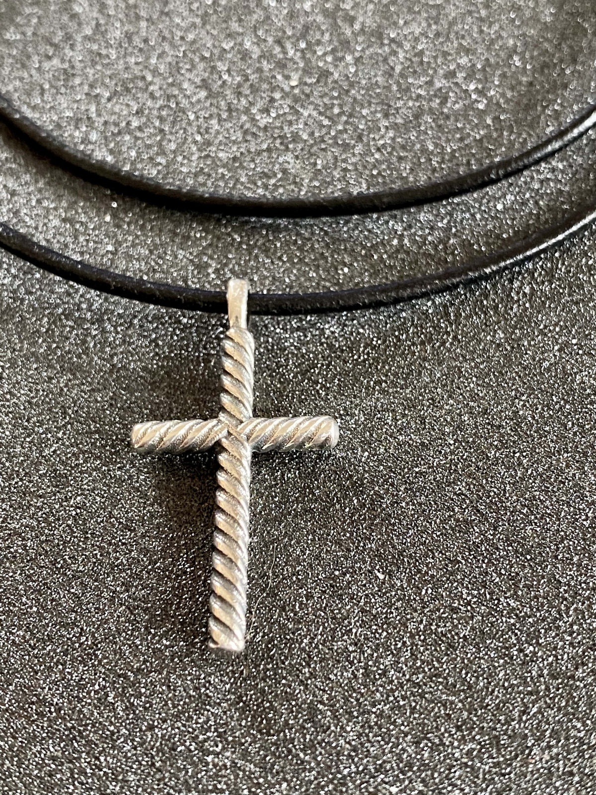 rope silver cross necklace with leather cord, rope silver cross 