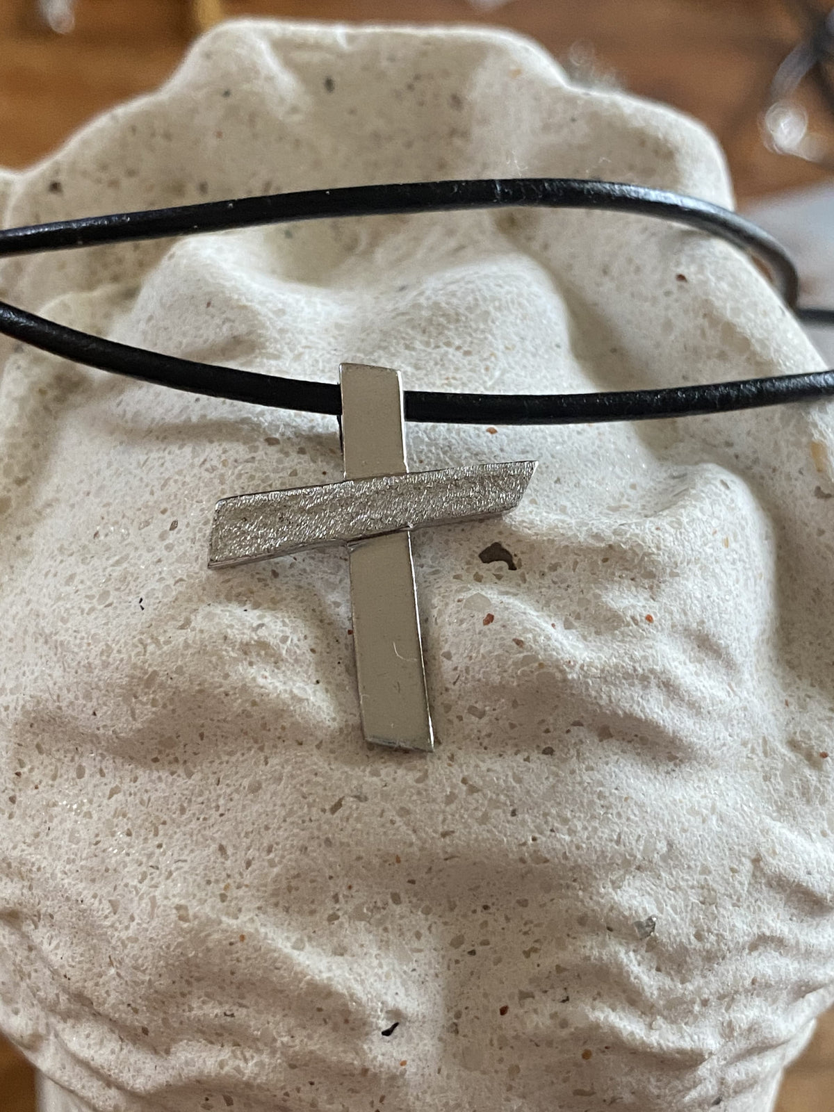Silver cross necklace with leather rope, textured silver cross, silver cross pendant 