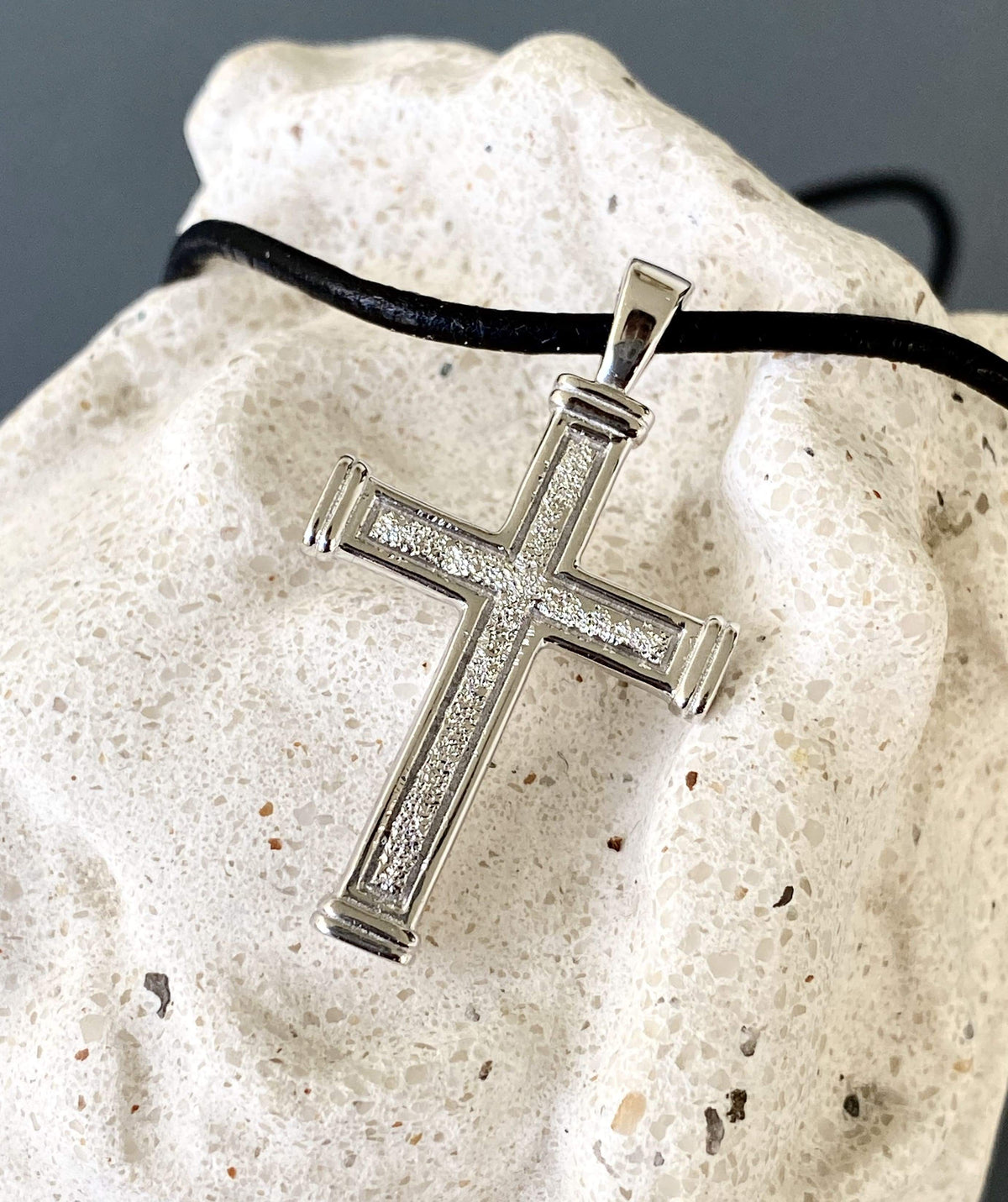 Men&#39;s cross necklace with leather cord, white rhodium plated sterling silver cross 